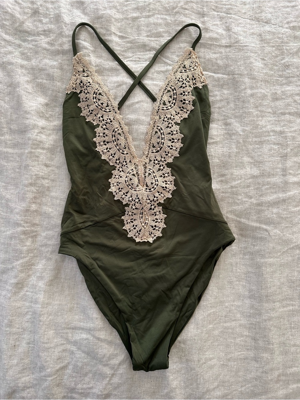 Blue Life Olive Green Swimsuit with Cream Lace